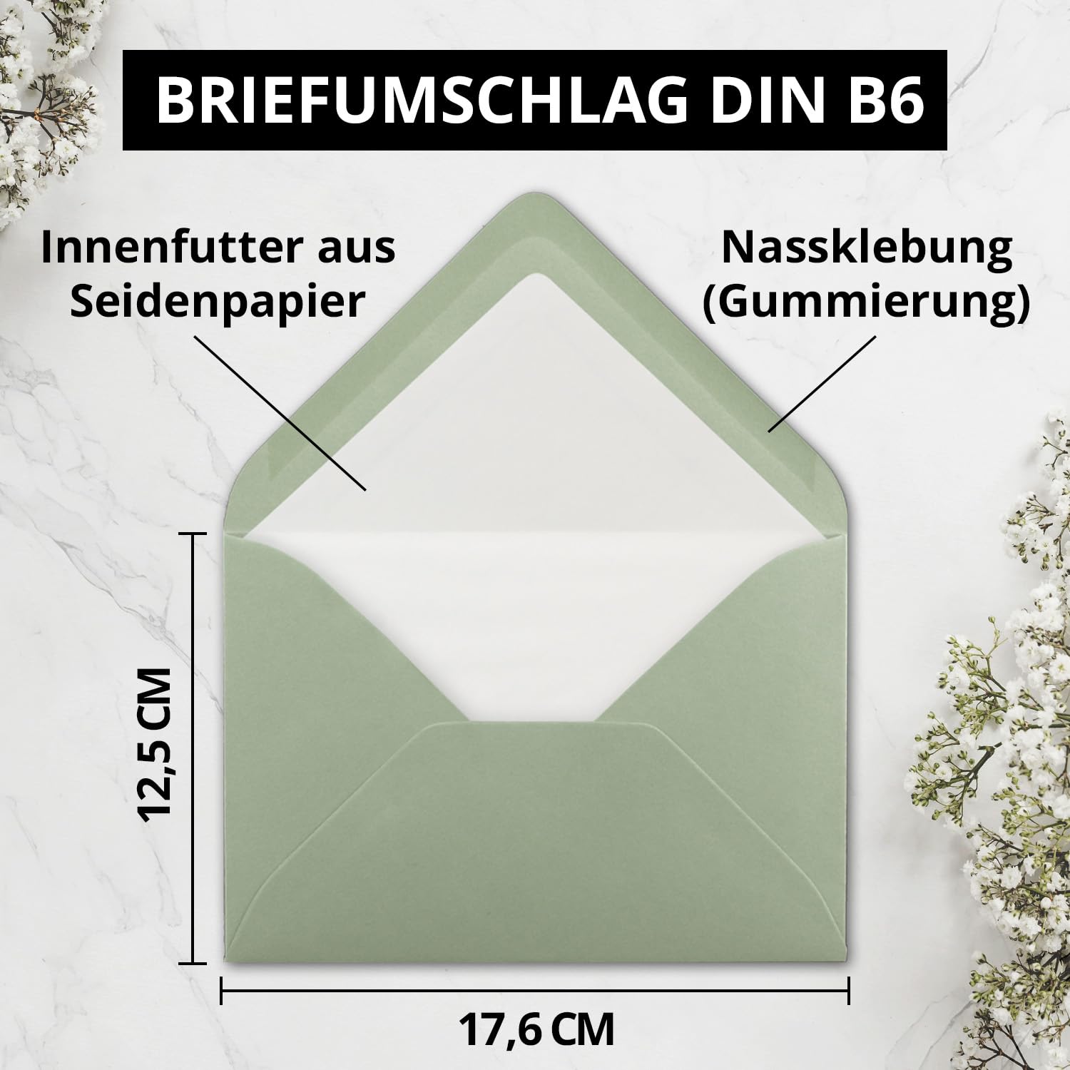 Set di 250 biglietti di grandi dimensioni, colore eucalipto (verde), opachi, con 250 biglietti pieghevoli, fogli bianchi e 250 buste foderate, DIN B6, 12 x 17 cm, 120 x 170 mm