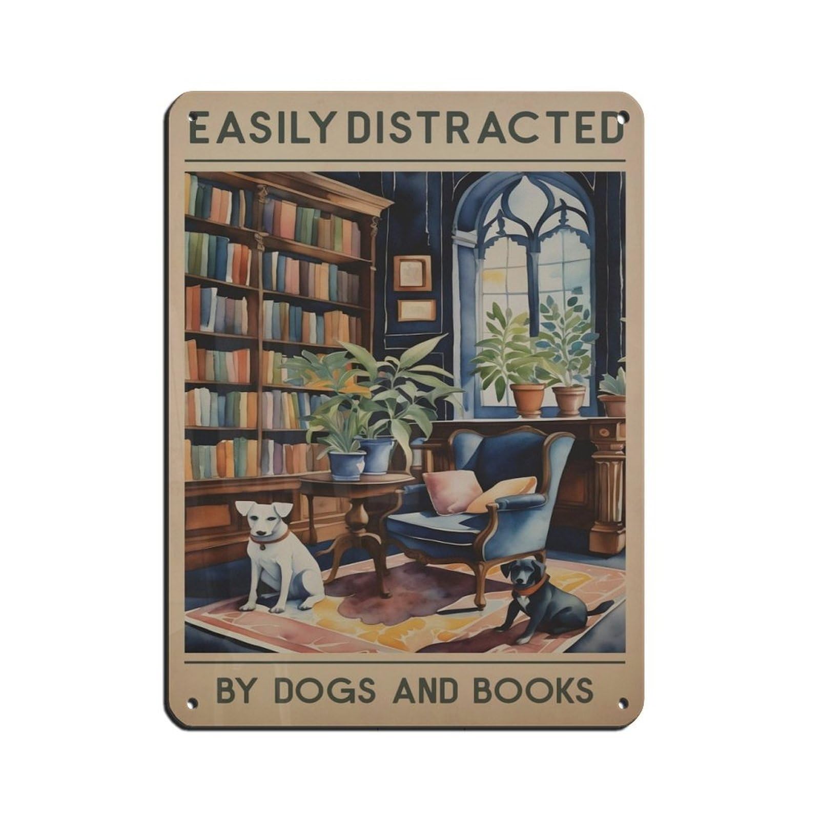 Dog And Books Poster,labradors in A Library Poster Tin Sign Vintage Metal Pub Club Cafe Bar Home Wall Art Decoration Poster Retro 12x16inch(30x40cm)
