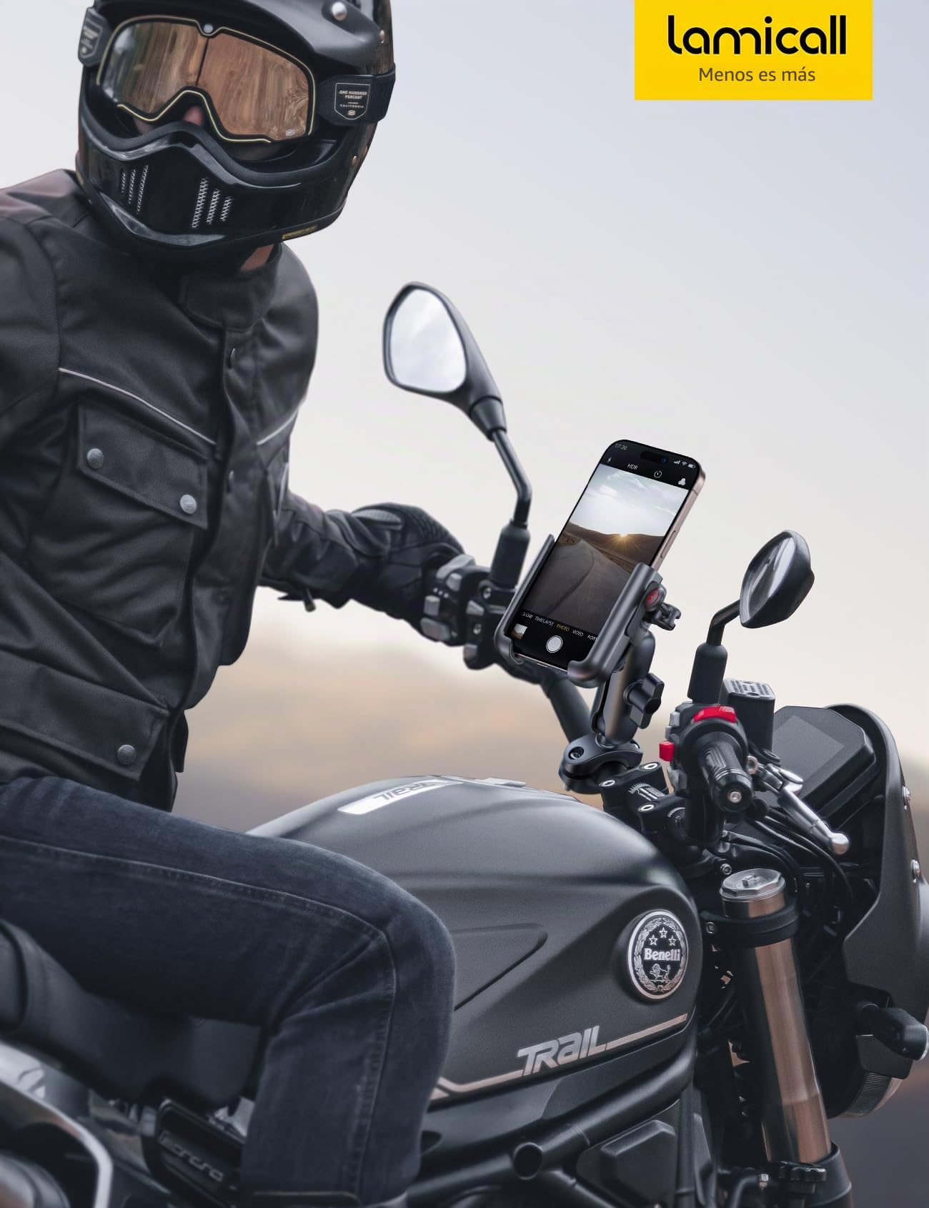 Lamicall Soporte Móvil Moto - [Metal Completo] [Brazo Extensible] [Antivibración] Antirrobo, Soporte Móvil Bicicleta de Manillar, 2 x 360° Rotación, para iPhone 17 16 y Otro Smartphone de 4,7-7,2"