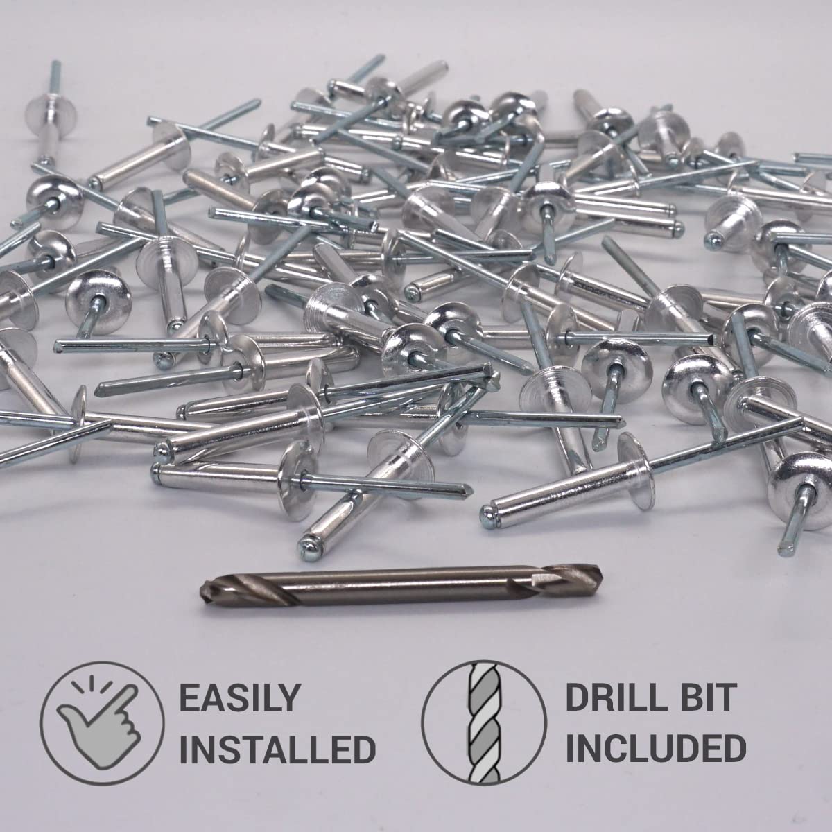 SKIR'CO (30 pcs) Large Flange Aluminium Blind Rivets 5.0 x 25 mm, Steel Mandrel, Drill Bit Included, Silver - Image 3