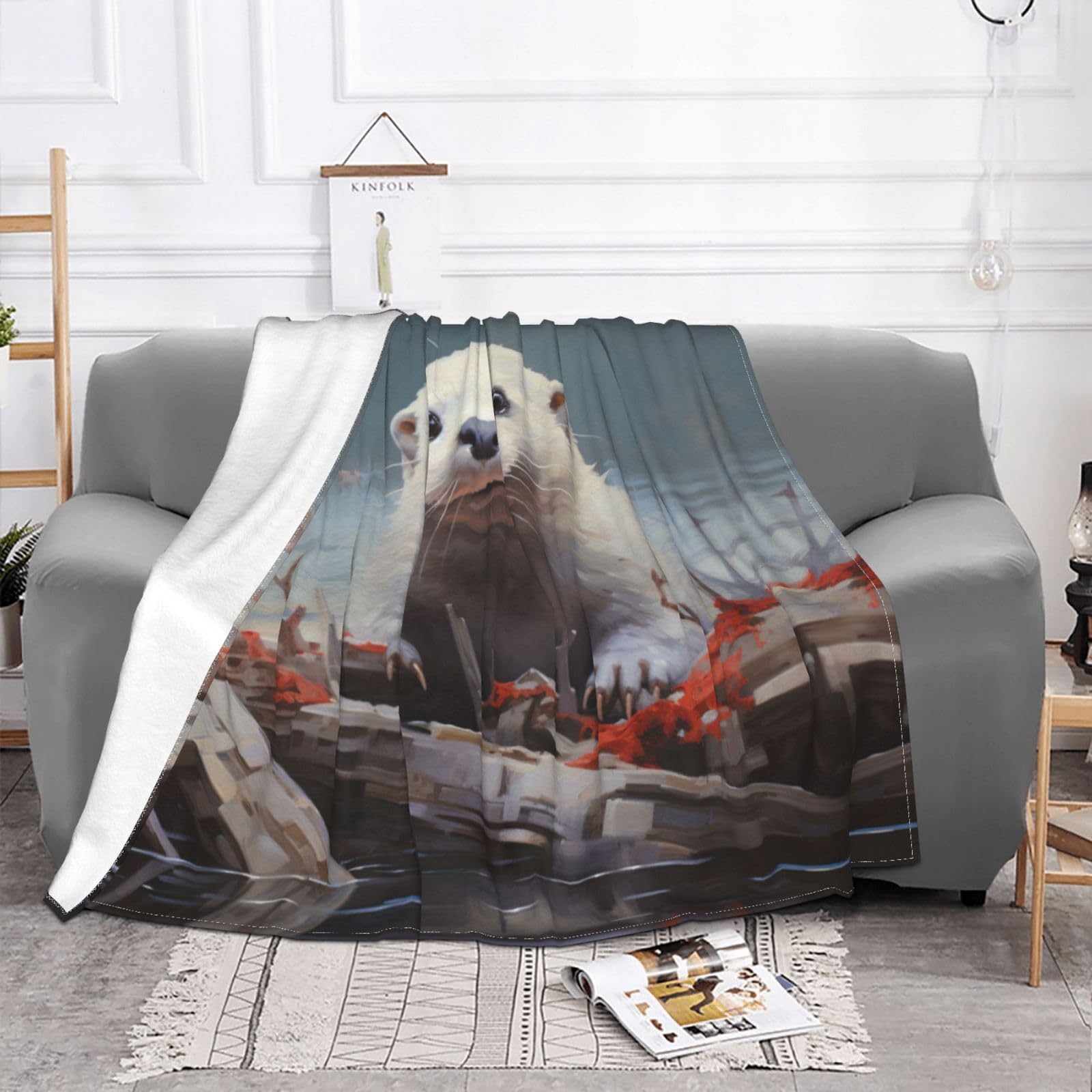 Coperta decorativa morbida e calda in flanella per bambini, cane, gatto, 127 x 152 cm, stampa lontra bianca