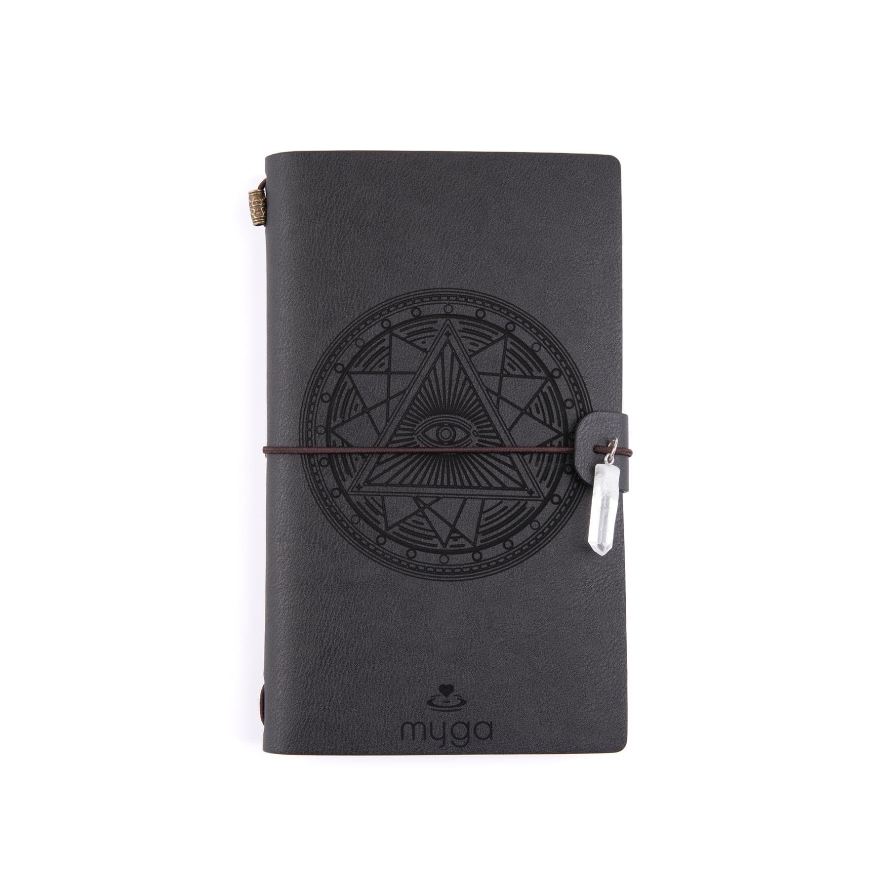 Myga Crystal Notebook - 72 Page Thick Paper Refillable Blank Lined Writing Notebook Journal Diary with Pockets, Bookmarks and Elasticated Strap for Men & Women - Tarot Eye & Quartz