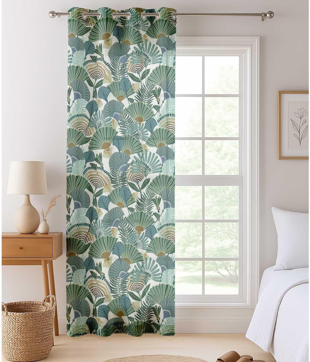 Green Tropical Leaves Design Sheer Curtains for Short Windows - Set of 2 Panels, 63", Grommet Top, Printed Georgette, Light Filtering Drapes for Kitchen or Bedroom
