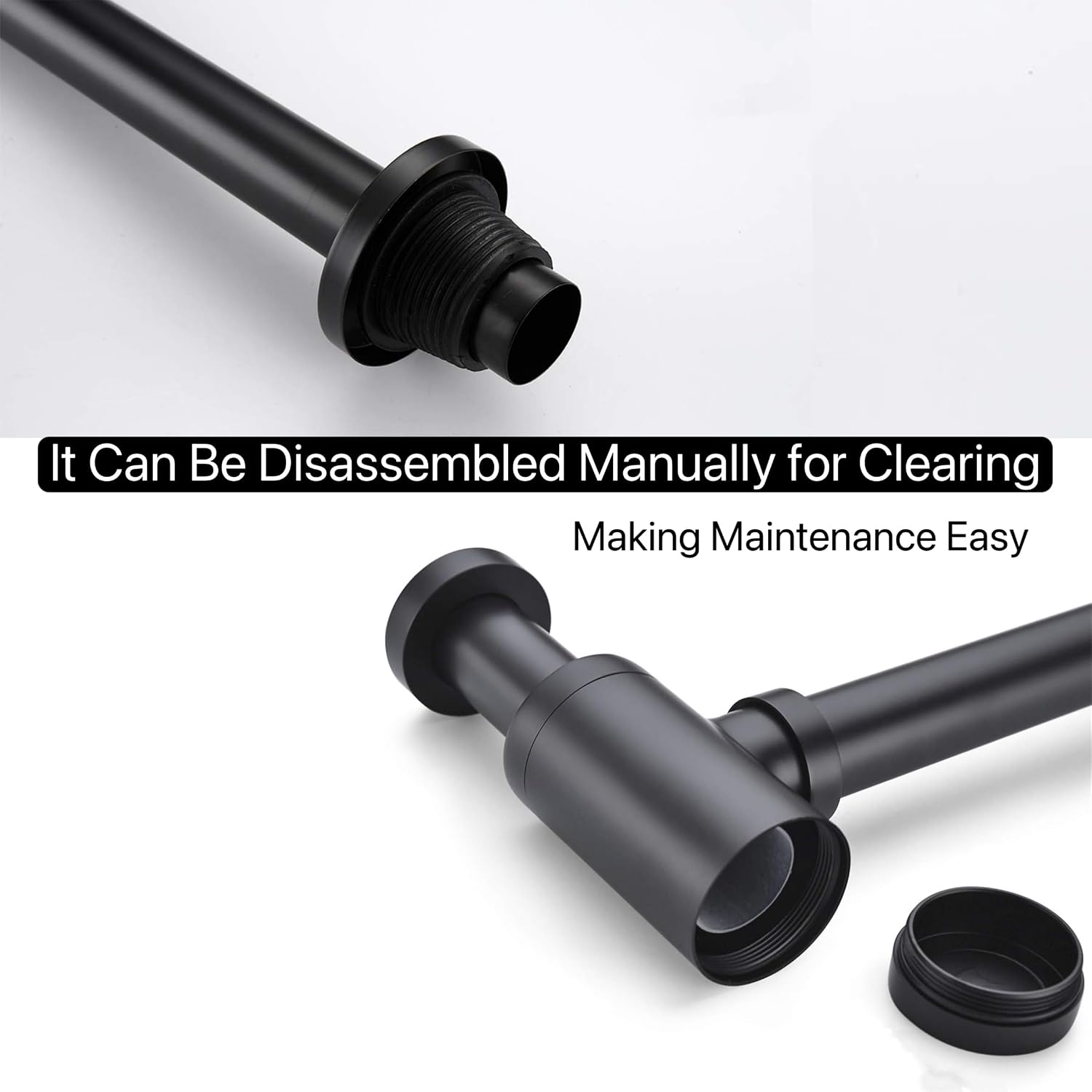 Matte Black Round Bottle P-Trap Drain Kit, 1-1/4 Inch Adjustable Wall Mount Basin Waste Pipe, Rust-Proof Brass Waste Drain Replacement for Bathroom Vanity Sinks