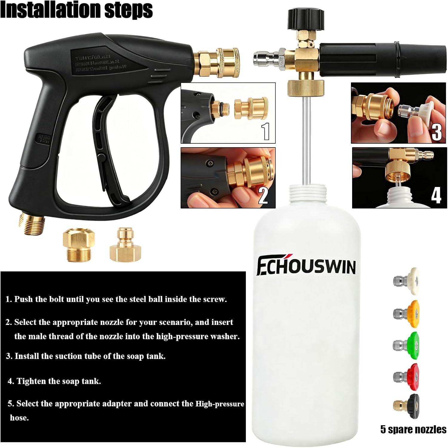 High Pressure Washer Gun with Foam Cannon, Car Wash Foam Gun with 1/4" Quick Connector, Pressure Washer Foam Cannon Kit with 5 Pressure Washer Nozzle Tips, 2 Adapter, 1 Liter