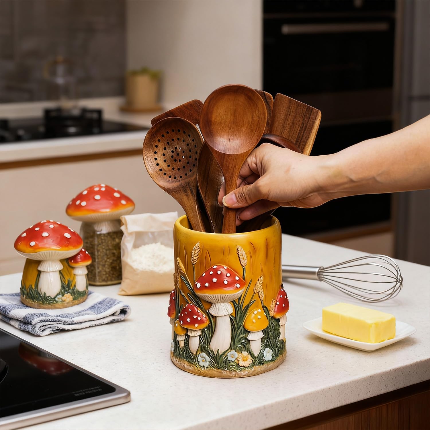 Resin Mushroom and Flowers Embossed Kitchen Utensil Holder, Large Cooking Utensil Crocks for Countertop