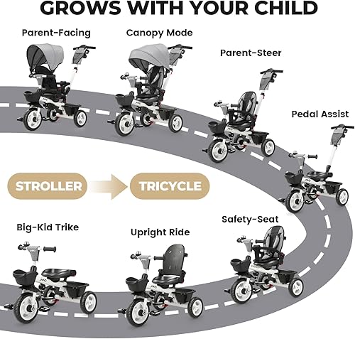 Miniatura 2 de JMMD - Triciclo para bebé 6 en 1 con mango ajustable de empuje, toldo extraíble, arnés de seguridad, para usar desde 18 meses hasta 5 años de edad,