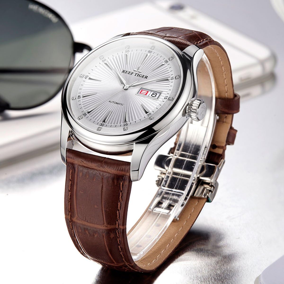 REEF TIGER Stainless Steel Automatic Watches Men's Leather Strap Dress Watch Date Day RGA8232