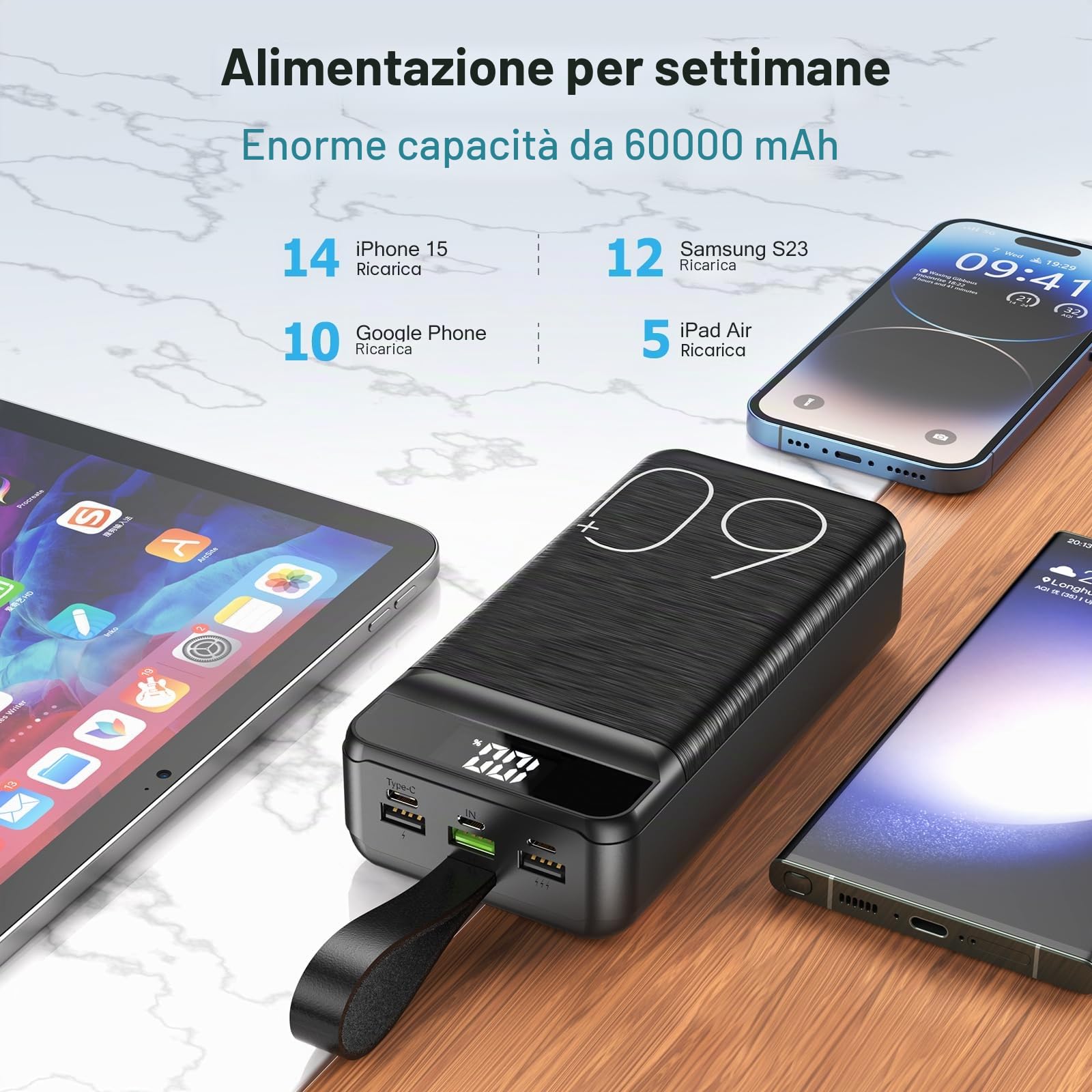 Power Bank 60000 mAh 22,5 W Ricarica Rapida Caricatore USB-C Ricarica Rapida con 4 uscite e 3 ingressi, Display LED Enorme capacità Batteria esterna per la maggior parte dei dispositivi elettronici