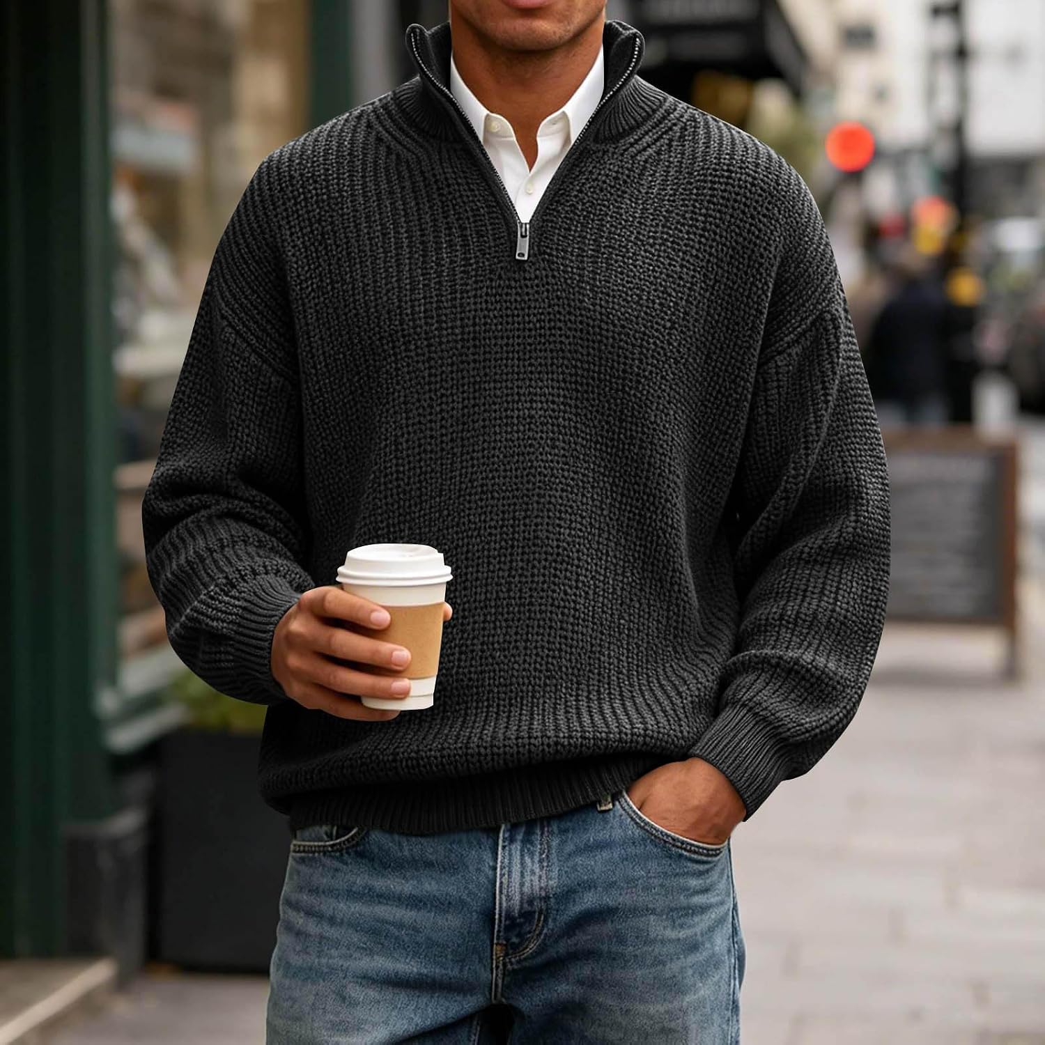 Mens Waffle Knit Quarter Zip Sweater Long Sleeve Stand Collar Loose Fit Shirt Fall Winter Comfy Casual Pullover Top