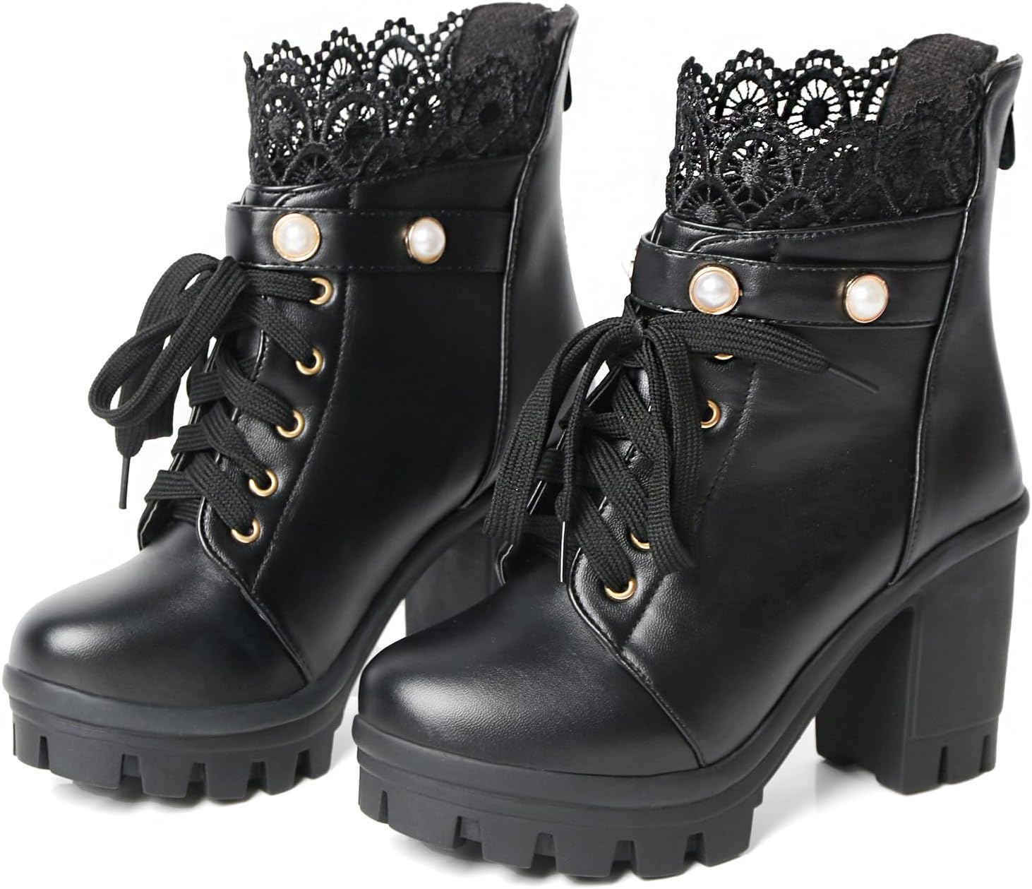 MEOTINA Women Platform Boots Black Chunky Heel Ankle Booties Lace Buckle Combat Boots with Zipper High Heel Goth Shoes - Image 3