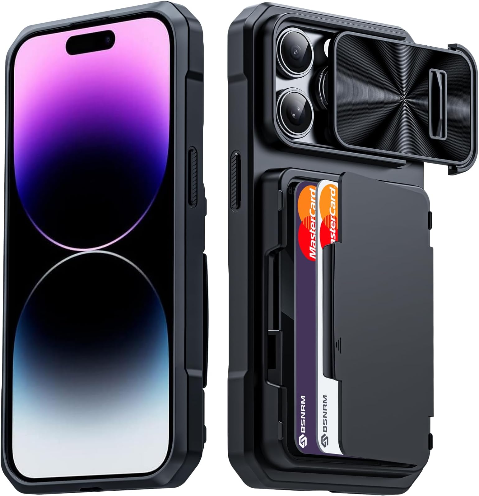 for iPhone 14 Pro Case Wallet, Hidden Card Holder (4 Cards), Pop-up Camera Cover, Military Grade Protection, Durable Kickstand Heavy Duty Men Women Shockproof Case for iPhone 14 Pro, Black