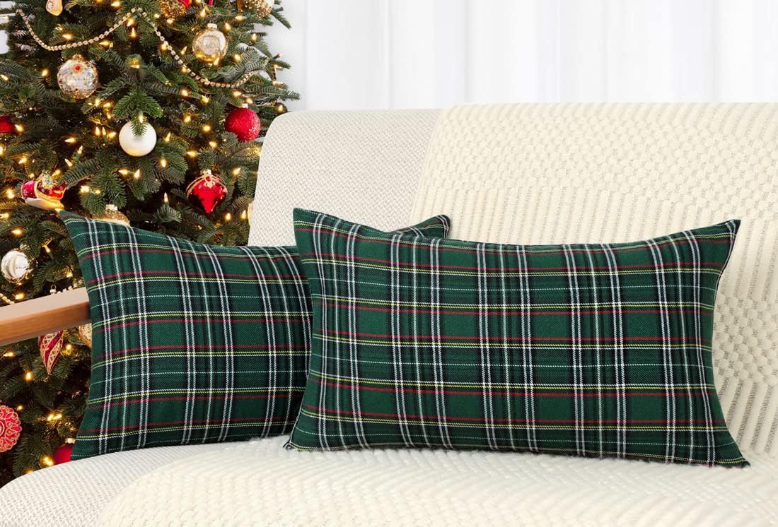 4TH Emotion Set of 2 Christmas Scottish Tartan Plaid Throw Pillow Covers Cushion Case Polyester for Farmhouse Home Decor Green and Black, 12 x 20 Inches