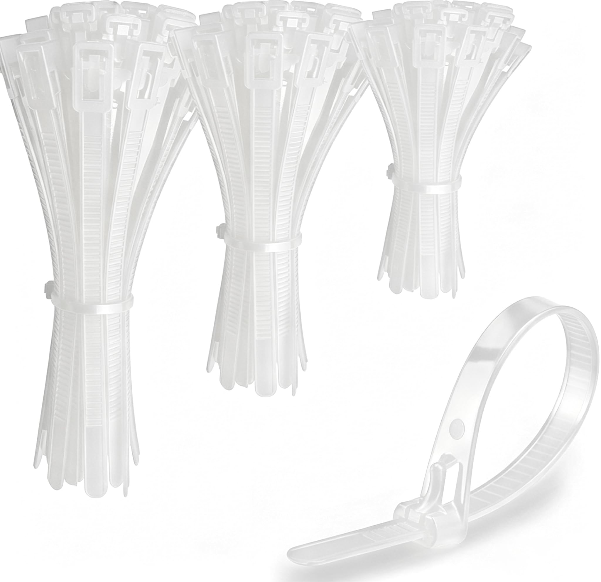 Oksdown 150 Pack Reusable White Cable Ties Assorted Set with 3 Sizes (150/200/300mm) x 7.6mm Clear Heavy Duty Releasable Plastic Zip Ties Strong Nylon Tie Wraps Assortment — image 1