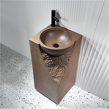 Small Pedestal Sink for Bathroom 34.4 Inch Tall Japandi Pedestal Bathroom Sink with Rounded Basin Stone Resin Freestanding Pedestal Lavatory Sink for Outdoor Indoor,Elegant Brown