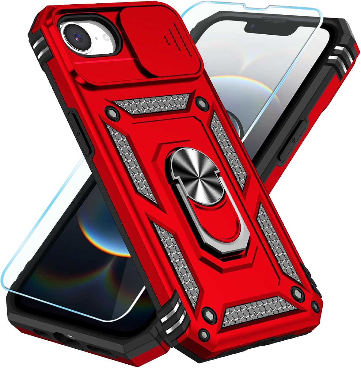 SunStory Compatible con iPhone 16e y iPhone 17e con protector de pantalla HD y cubierta deslizante para cámara y soporte de anillo giratorio, [grado militar] funda para teléfono para iPhone 16e/17e, rojo