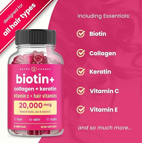 Miniatura 3 de NutraChamps Gomitas para el cabello, piel y uñas, biotina con colágeno y queratina, complejo de belleza de biotina de 5000 mcg, suplemento