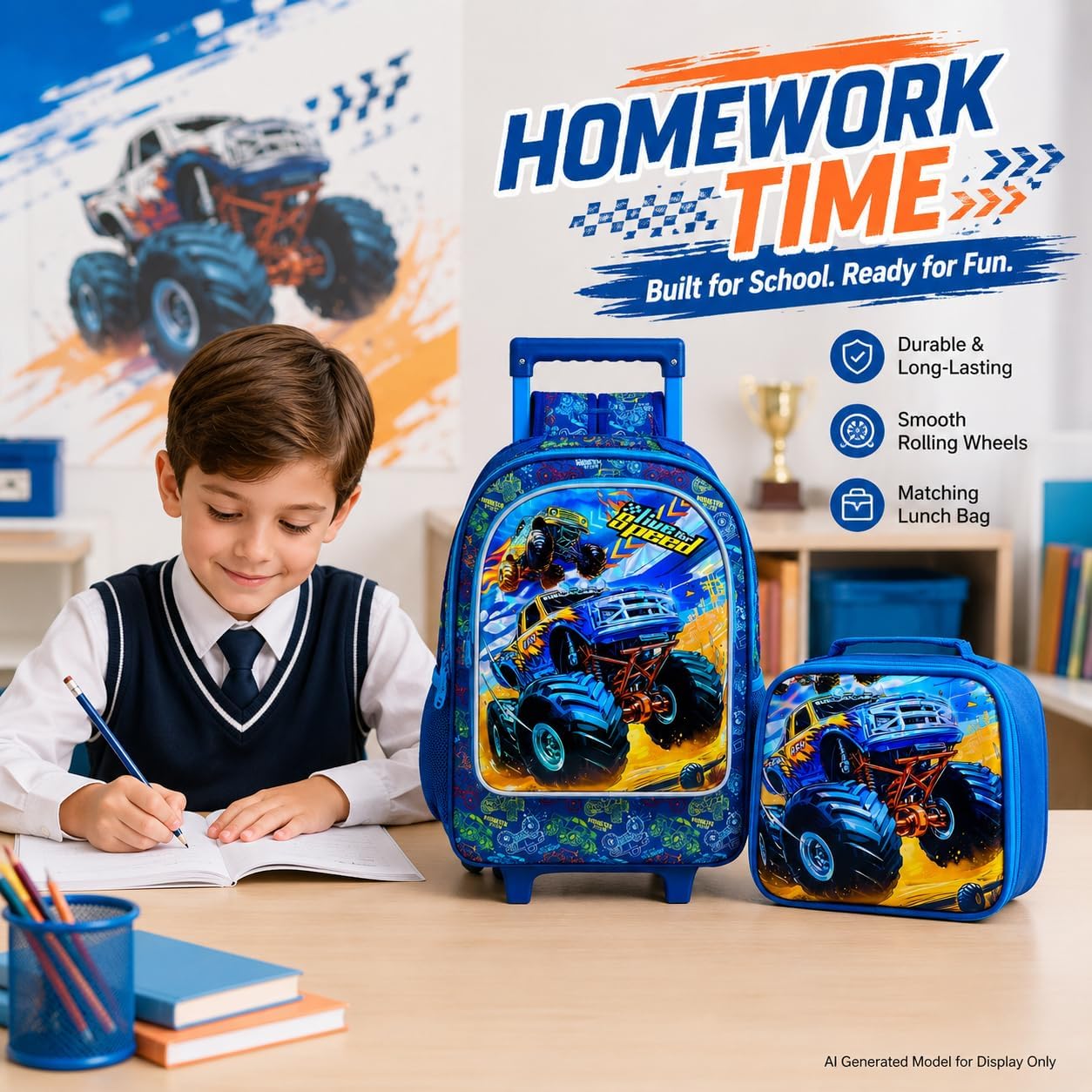 KLFVB Rolling Backpack for Girls Boys, Kids Roller Wheels School Bookbag with Lunch Bag, Wheeled School Bag for Children