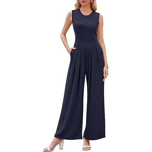 Womens Jumpsuits Dressy Summer Casual One Piece Outfits Sleeveless Wide Leg Pants Rompers with Pockets