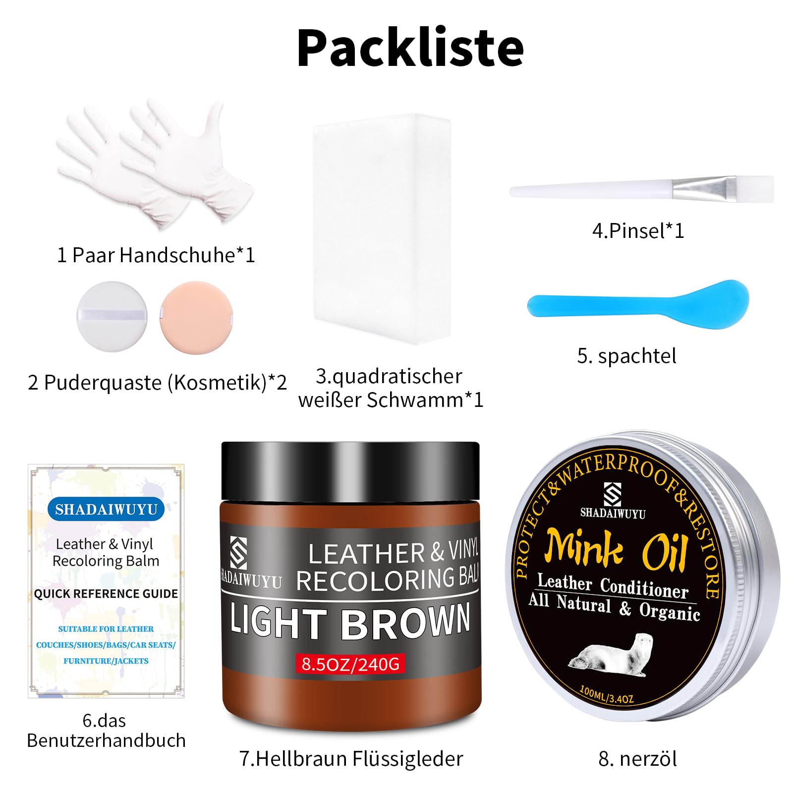 240g Lederpflege Auto mit Lederfett(100ml),Leder Reparatur Set Hellbraun,Flüssigleder,Lederfarbe,Kunstleder Reparaturset zum Reparieren von Sofas,Vinylmöbeln,Autositz bei Verblassen und Kratzer