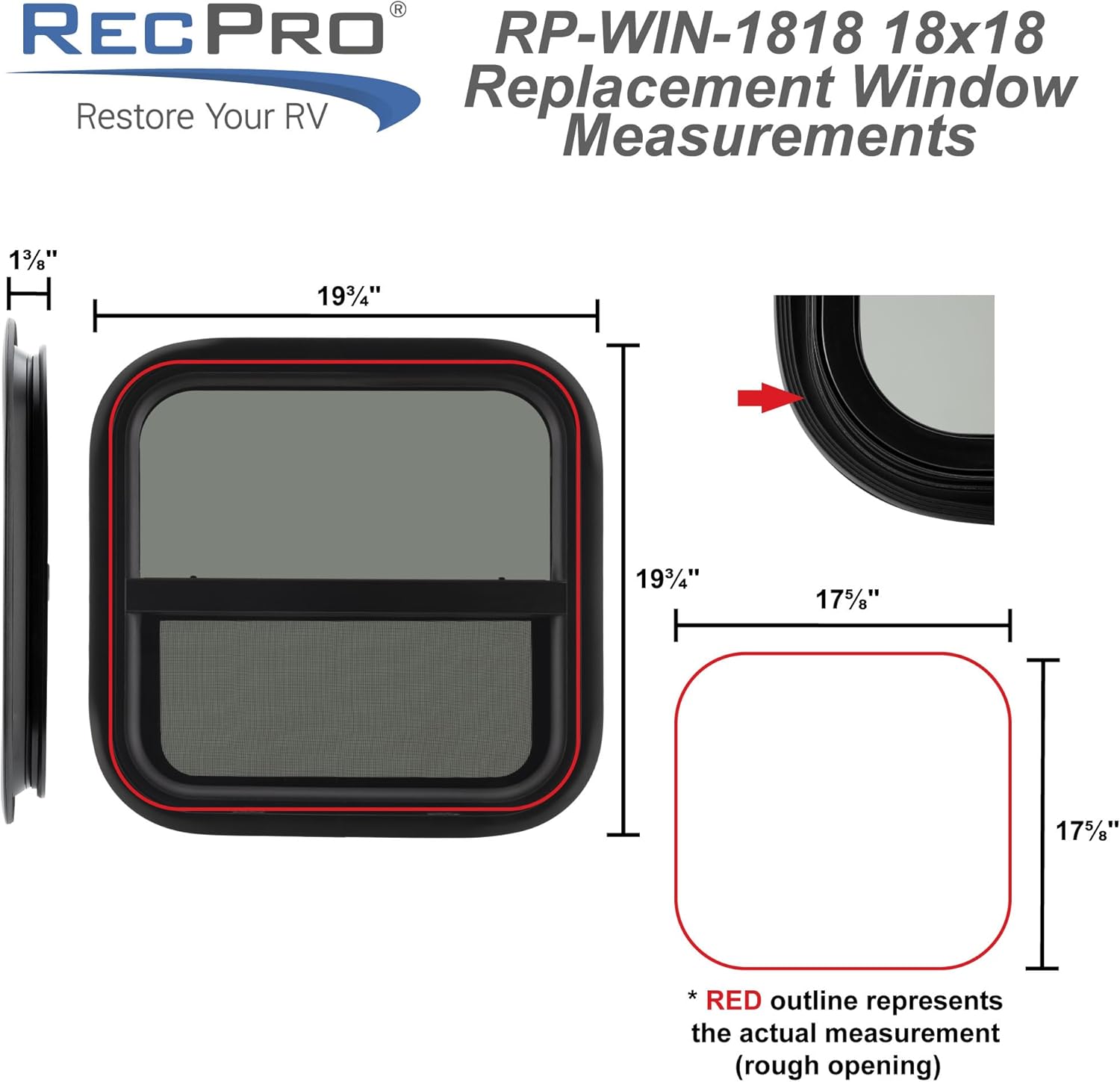 RecPro RV Window | 18" W x 18" H | Teardrop Vertical Slide | RV Window Replacement | Made in USA | Optional 1 1/2" Trim (With Trim Ring, One Window)