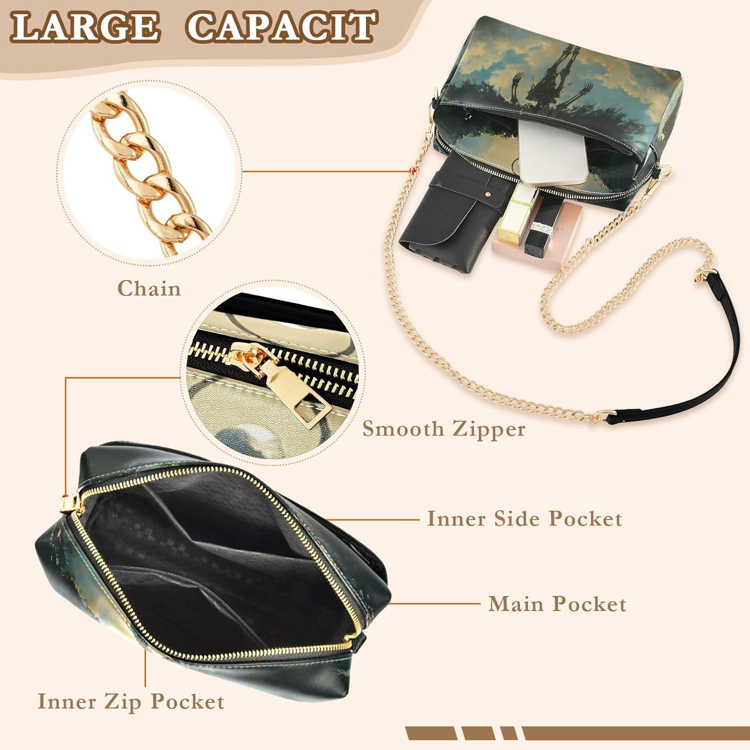 Women Crossbody Bag Shoulder Handbag Cellphone Purse PU Leather Metal Chain Strap Water Resistant Zipper Closure Skeleton Angel Print