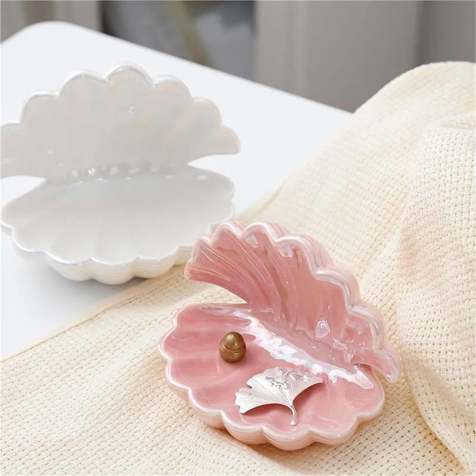 Schmuckschale 2 Stück Keramik-Muschel-Schmucktablett, Ohrringe-Ring-Präsentationsplatte, Schminktisch-Bastelarbeiten, kleine Ornamente(Pink)