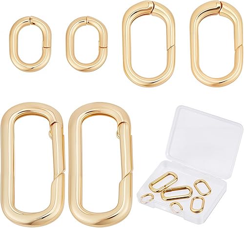 SUNNYCLUE 1 caja, 6 unidades de 3 tamaños de latón ovalados de latón para puerta de resorte, llavero de oro de 18 quilates, mosquetón, cierres de