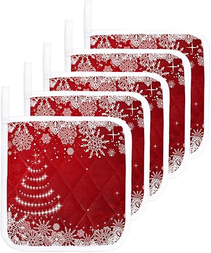 Miniatura 1 de 5 Packs Red Christmas Snowflake Pot Holders Sets for Kitchen,Oven Pan Plate Bowl Pads Heat Proof Mat with Hanging Loop,Terry Cloth Potholders Soft