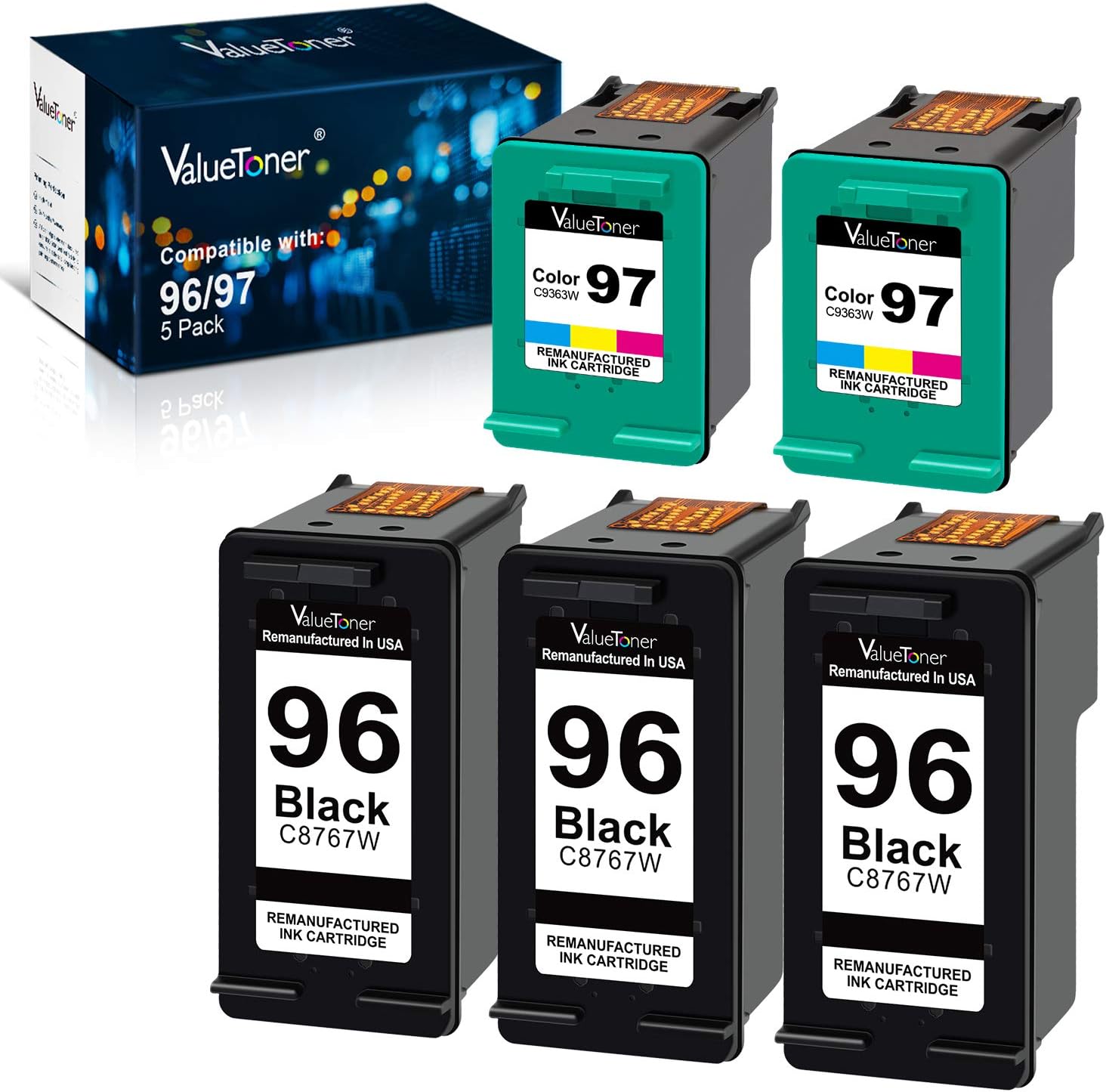 Valuetoner Remanufactured Ink Cartridge Replacement for HP 96 & 97 C8767WN C9363WN Printer (3 Black, 2 Tri-Color) 5 Pack