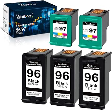 Amazon.com: Valuetoner Cartucho de tinta remanufacturado de repuesto para  impresora HP 96 y 97 C8767WN C9363WN (3 negras, 2 tricolores) 5 unidades :  Productos de Oficina