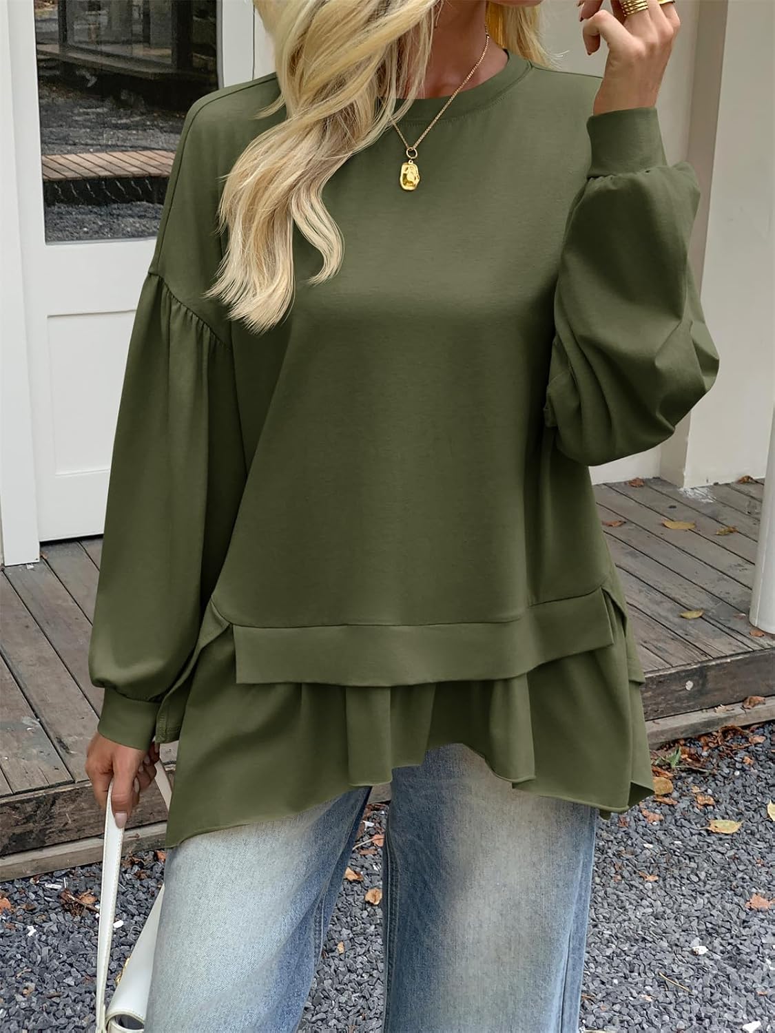 Tankaneo Womens Oversized Tops Peplum Puff Long Sleeve Shirts Trendy Casual Loose Fit Crew Neck Tunic Shirts - Image 5
