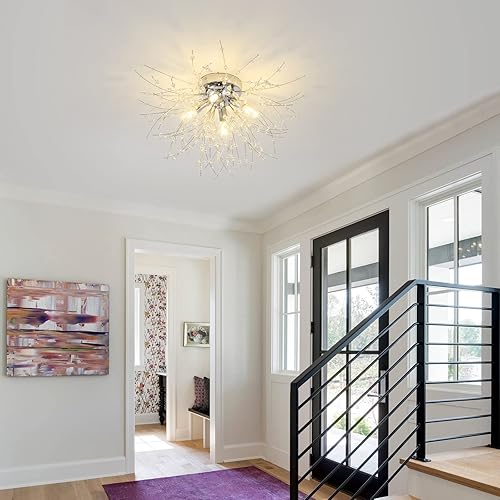 Miniatura 9 de Moderna lámpara de techo de cristal pequeña, lámpara de araña Sputnik de cristal cromado de 4 luces, lámparas de techo semiempotradas para