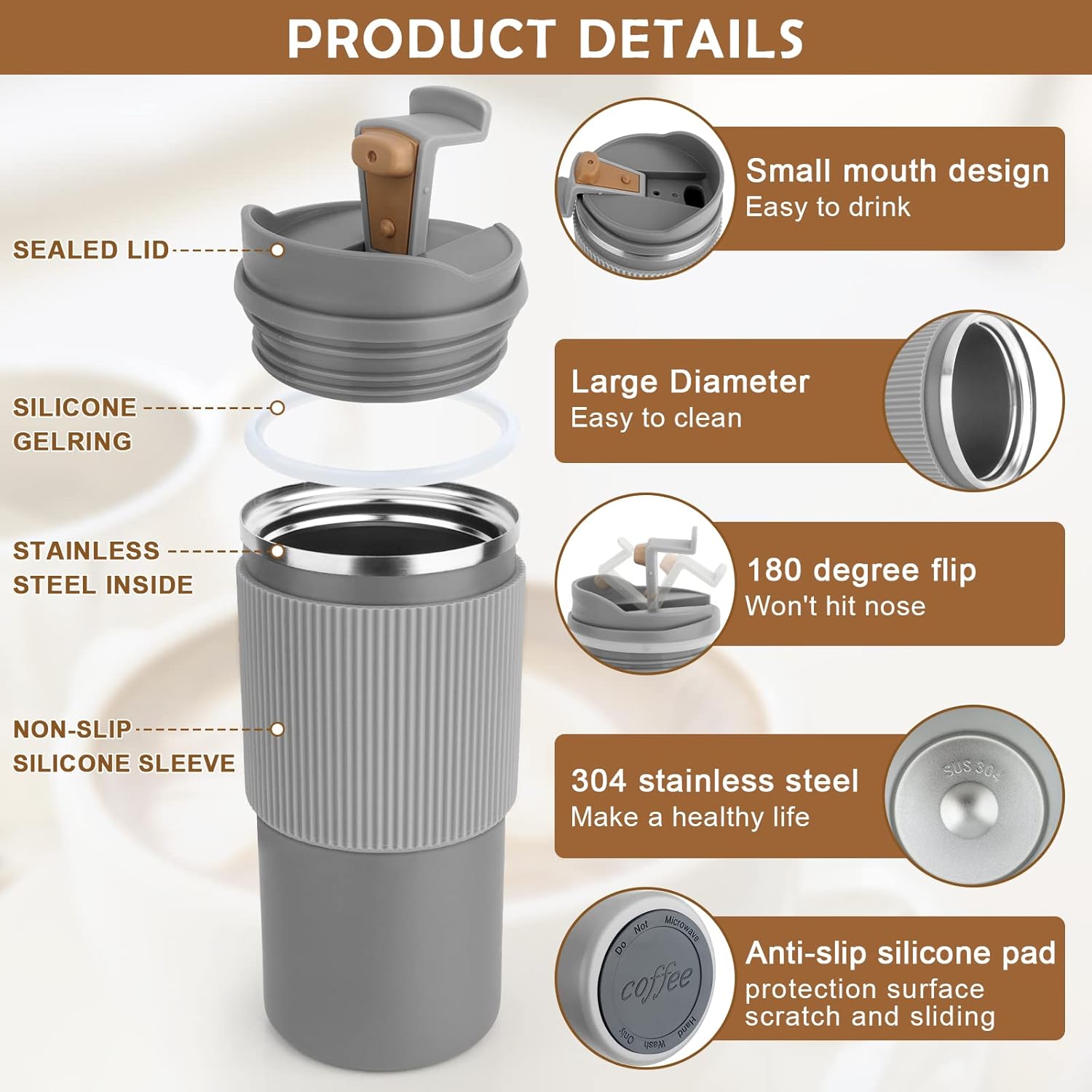 CS COSDDI Thermobecher- Isolierbecher, Kaffeebecher to Go 450ml/15oz auslaufsicher Reisebecher mit Deckel Coffee Mug mit Deckel Cafe to Go Becher für Tee Kaffee Heißes Kaltes Wasser Kaffee Reisebecher – Bild 2