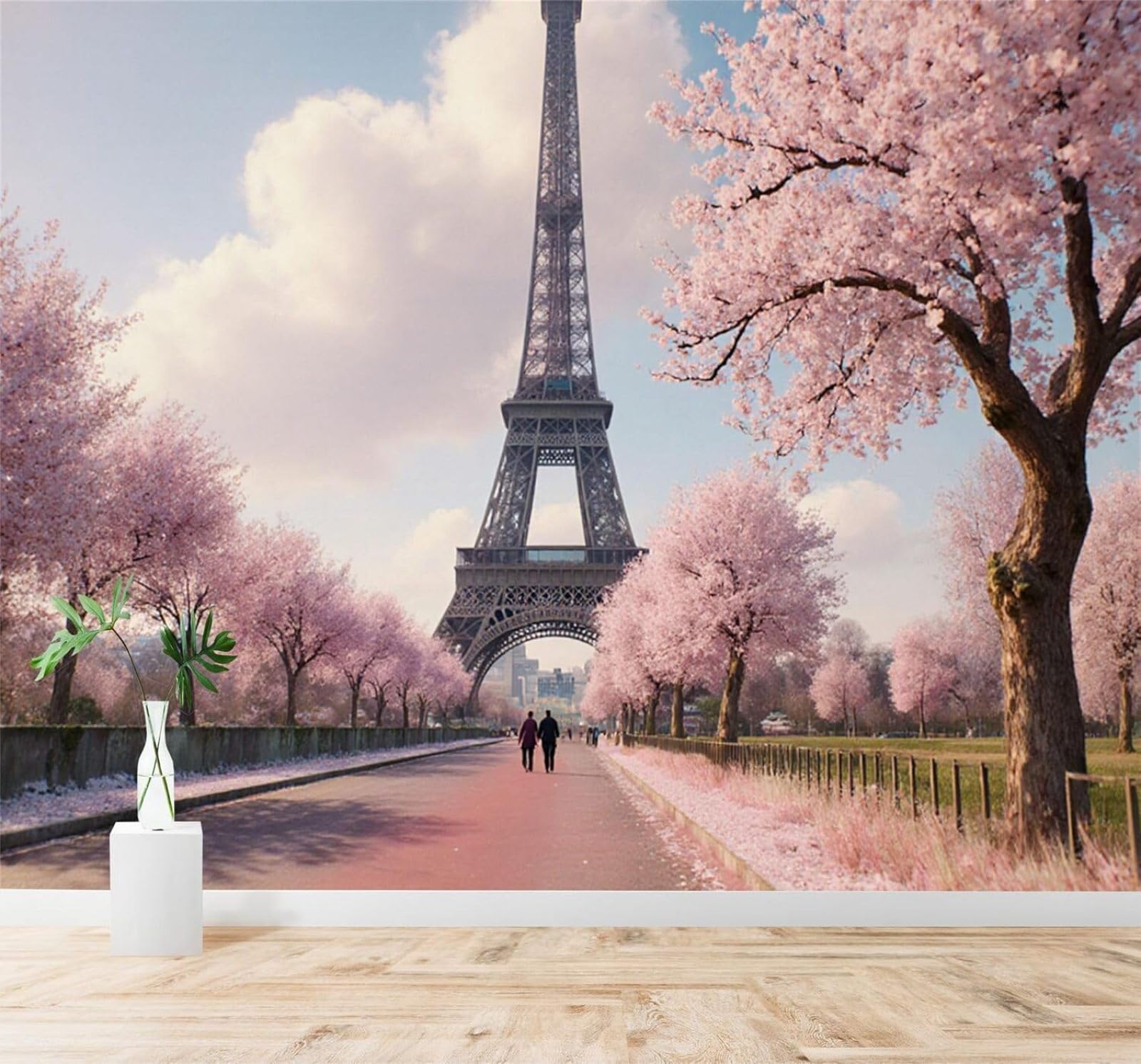 XLMING Spring Scenery Tower Pink Cherry Blossom Trees Road 3D Wallpaper Silky Texture Home Study Office Grey Dining Room Sofa Bedroom Living Room TV Backdrop-250cm×170cm