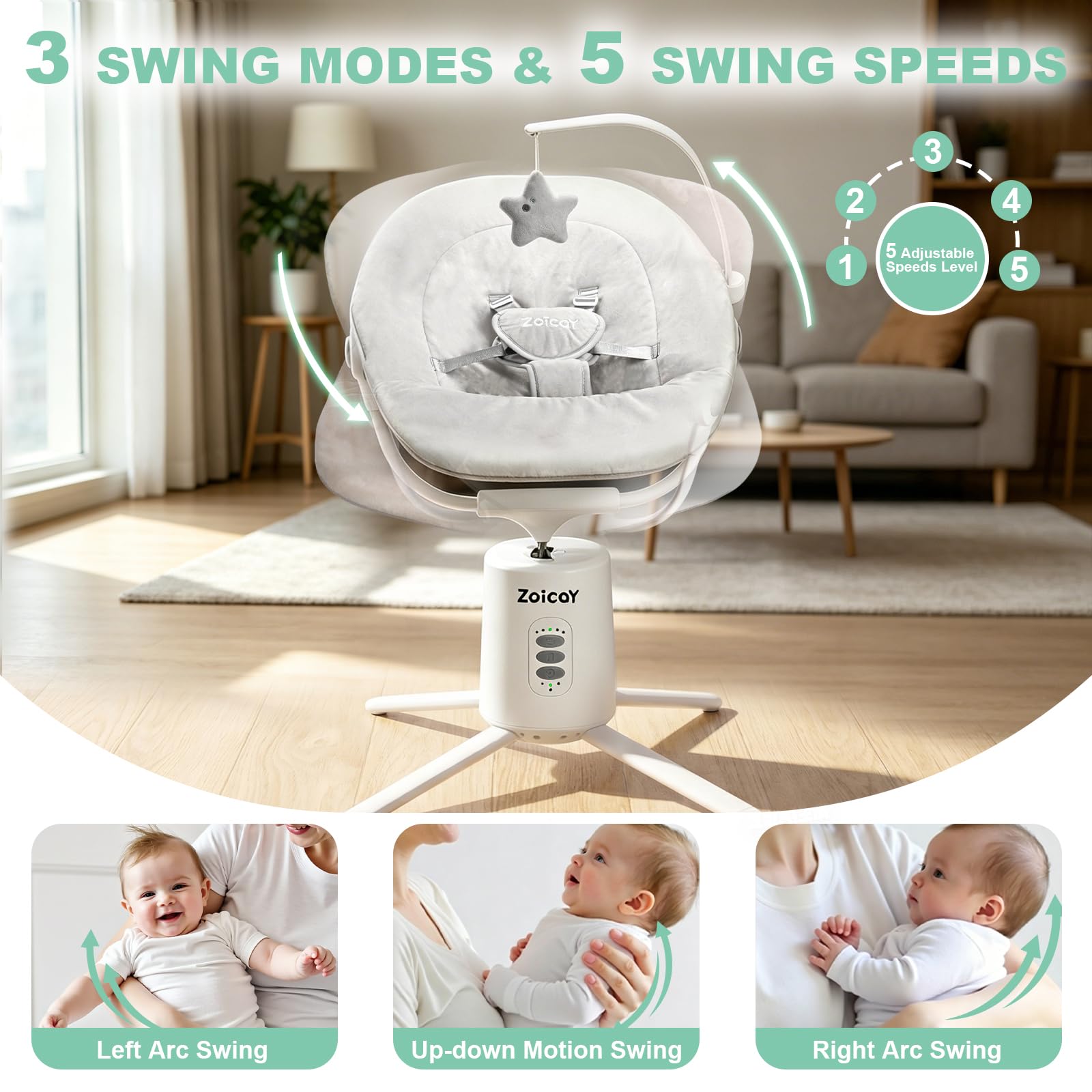 Transat Bebe Electrique Zoicay Balancelle Bebe Electrique 3 Modes avec Inclinaison Réglable, fonction de Timing et Musique Télécommande Bluetooth contrôle pour intérieure et extérieure (Blanc)