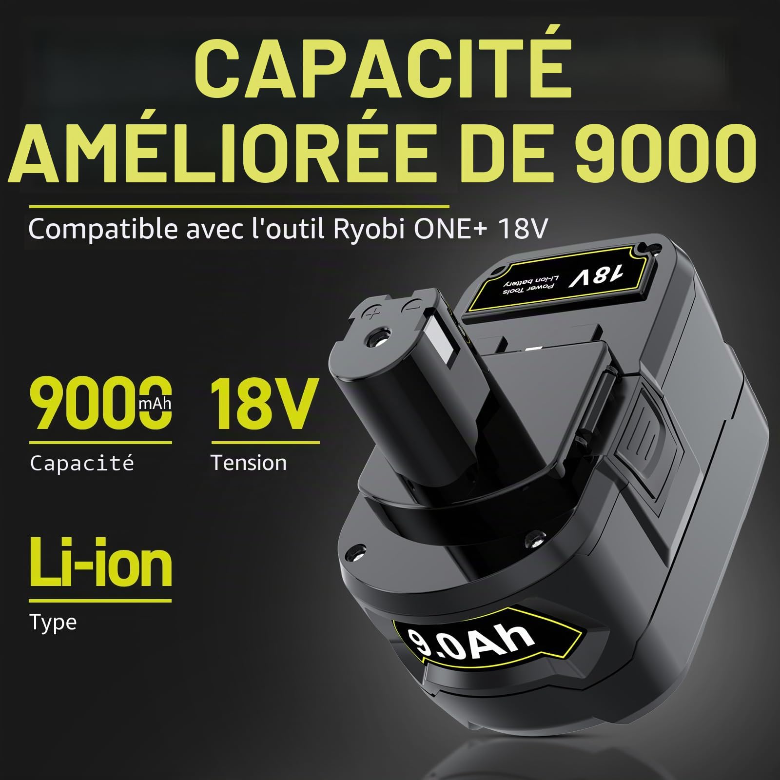 Batterie de Rechange 9,0 Ah pour Ryobi 18 V Li-ION