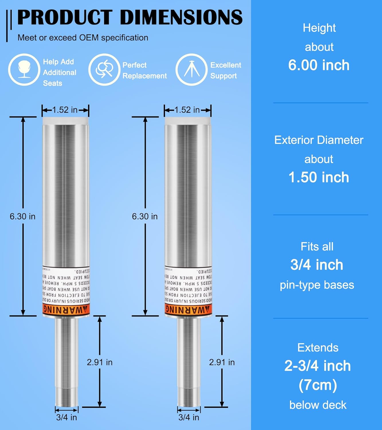 3/4" Boat Seat Pin Post Fits for Most Marine Boat Seat Pedestal Base Mount - Boat Seat Pedestal Post Lock-in Aluminum Extension Post Pole for Pontoon/Fishing/Bass Boat and More (2-Pack)