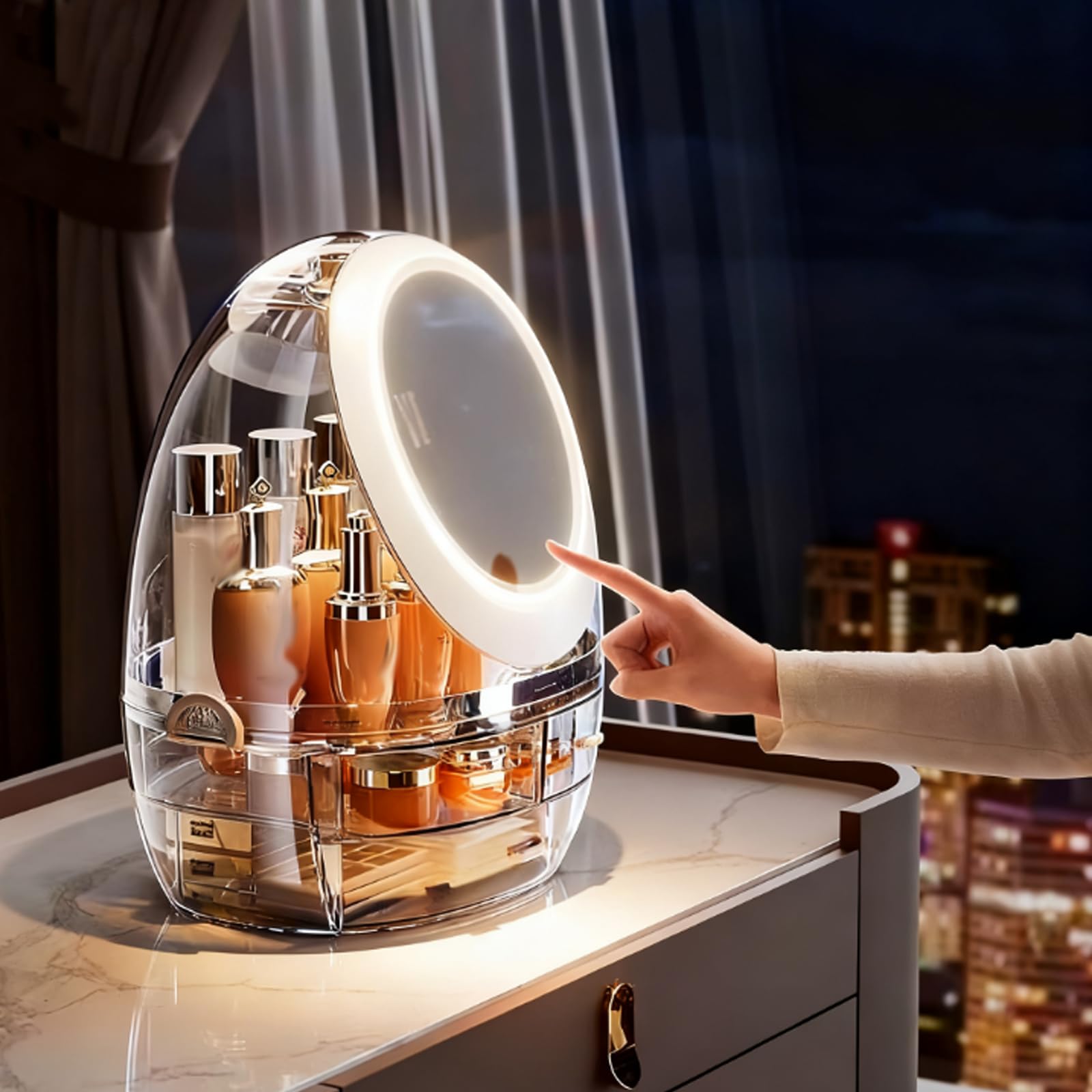 Organizzatore di trucco, organizzatore di cura della pelle con cassetti e coperchio trasparente, espositore di cosmetici per l'organizzatore di vanità e lo stoccaggio del piano di lavoro del b