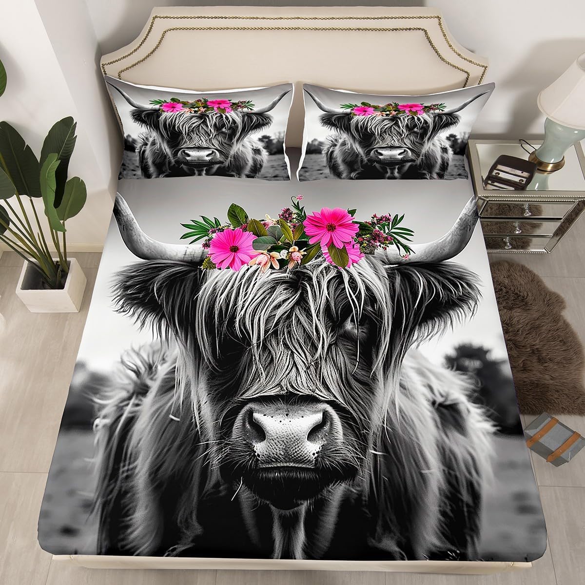 Erosebridal Highland Cow Fitted Sheet Queen Size Bull Cattle Bed Sheets Western Funny Animal Sheet Set,Wildlife Farmhouse Decor Top Sheet Longhorn Farm Animals Room Decor,Cowboys Gifts for Men