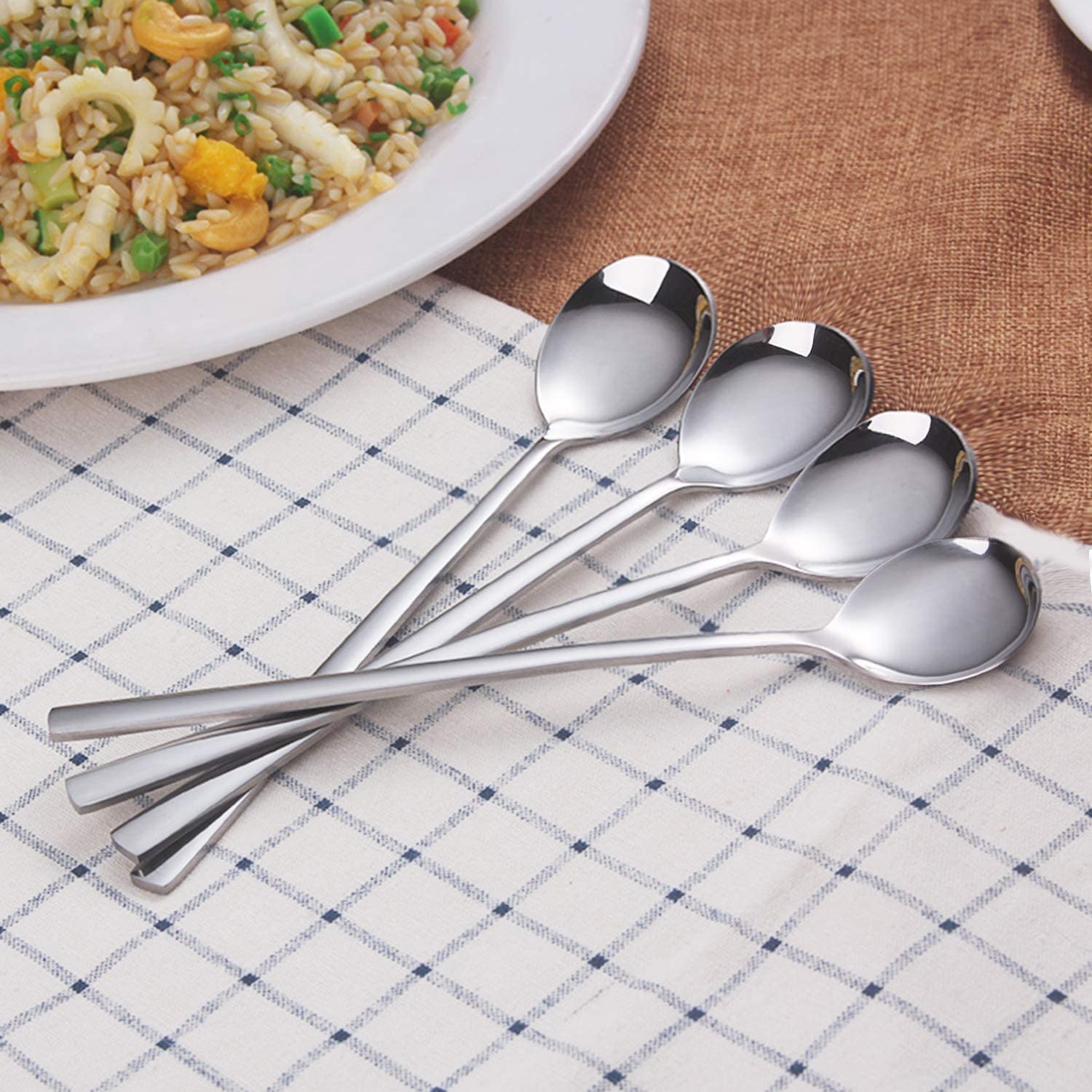Leeonz 2Pcs Soup Spoons Stainless Steel Round Tablespoons, 8.26 Inch Long Handle Dinner Rice Korean Spoons Set for Home Kitchen Restaurant