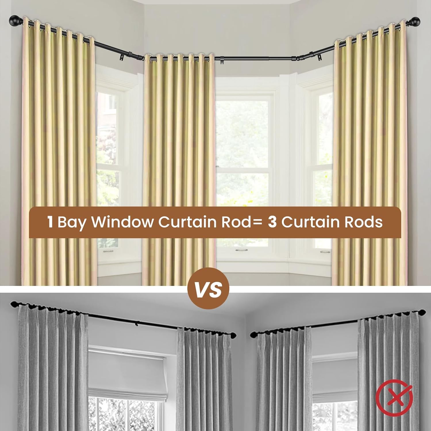 Bay Window Curtain Rods 100 to 207 Inch for Windows,1 Inch Adjustable Center Curtain Rods 36 to 89 Inches and 32 to 59 Inch Side Rods,Heavy Duty with 5 Brackets for Bedroom, Living Room