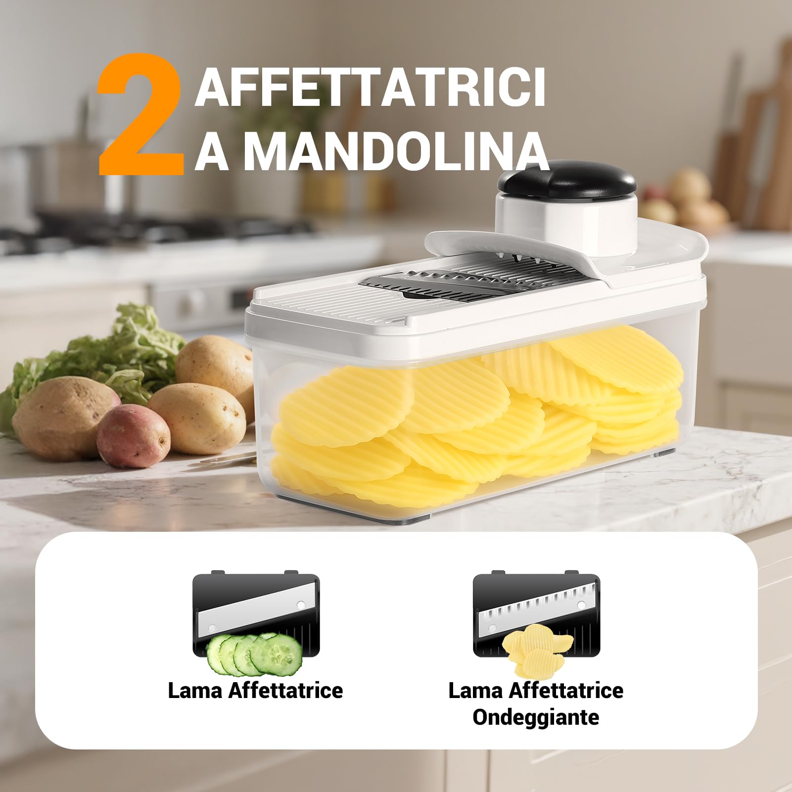 Mandolina per Verdure, Taglia Verdure Multifunzione, Tagliaverdure Manuale con 7 Lame in Acciaio Inox Intercambiabili, Tritaverdure per Cipolla, Carota, Patata e Cetriolo