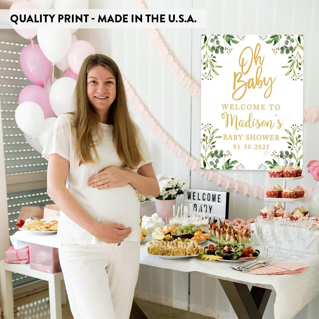 Andaz Press Personalized Large Canvas Baby Shower Welcome Sign, 16 x 20 Inches, Gold and Greenery Leaf Foliage, Guestbook Alternative, Custom Baby Shower Sign