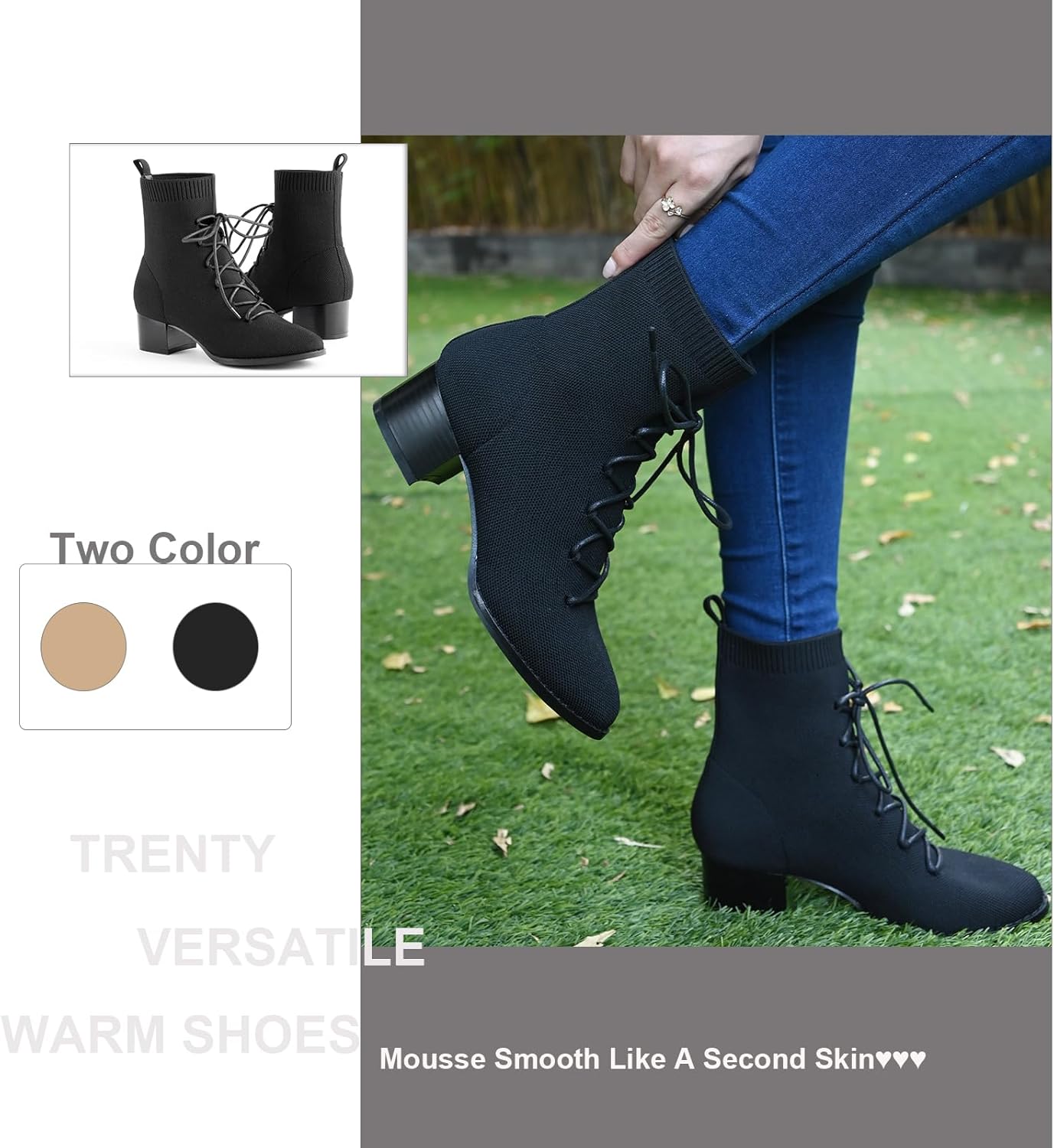 Women Knit Lace-Up Ankle Boots with Chunky Block Heel, Almond Round Toe Fashion Ladies Dressy Heeled Booties - Image 4
