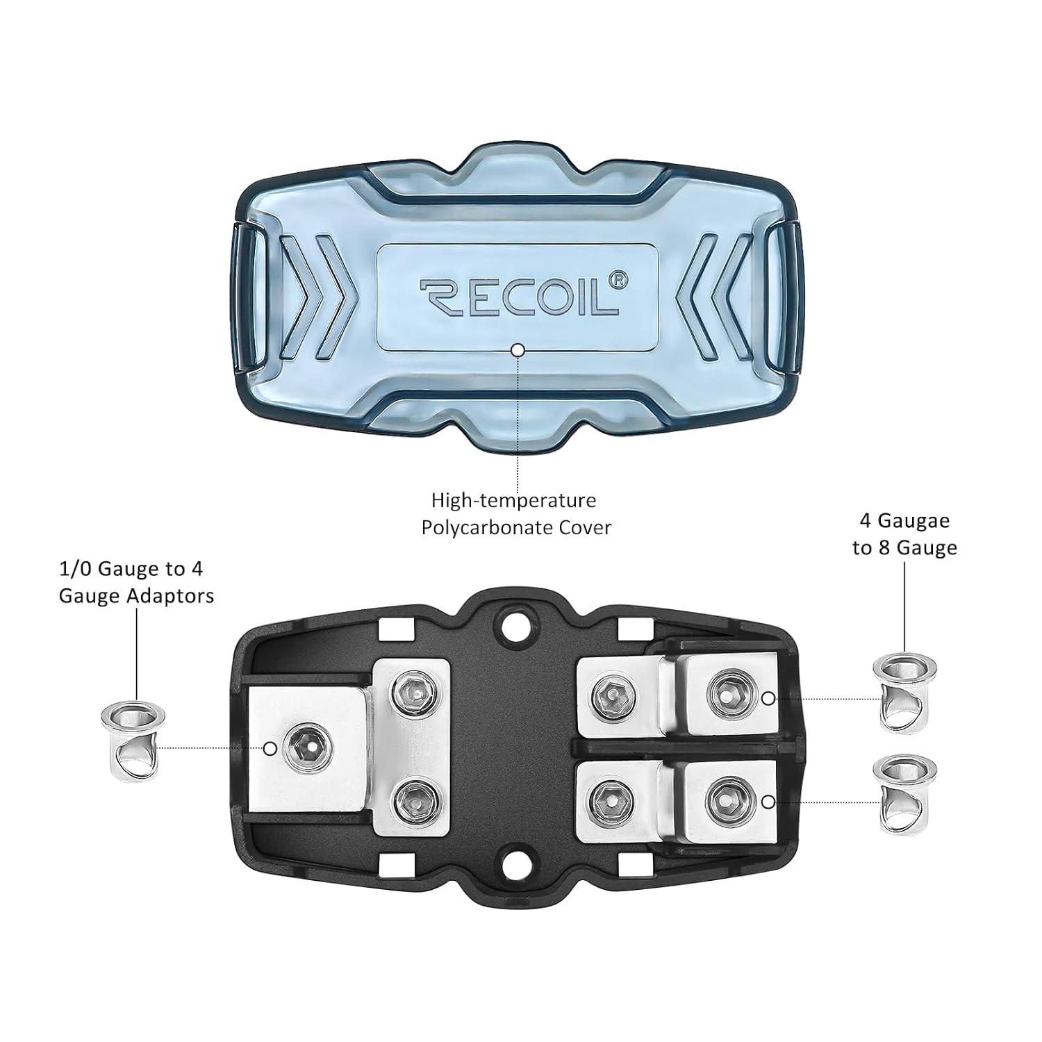 RECOIL ZMFH12 2-Way Mini-ANL Fused Distribution Block, 1 X 0/2/4 Gauge in & 2 X 4/8 Gauge Out, Fused Distribution Block with 60A, 80A, 100A Fuses