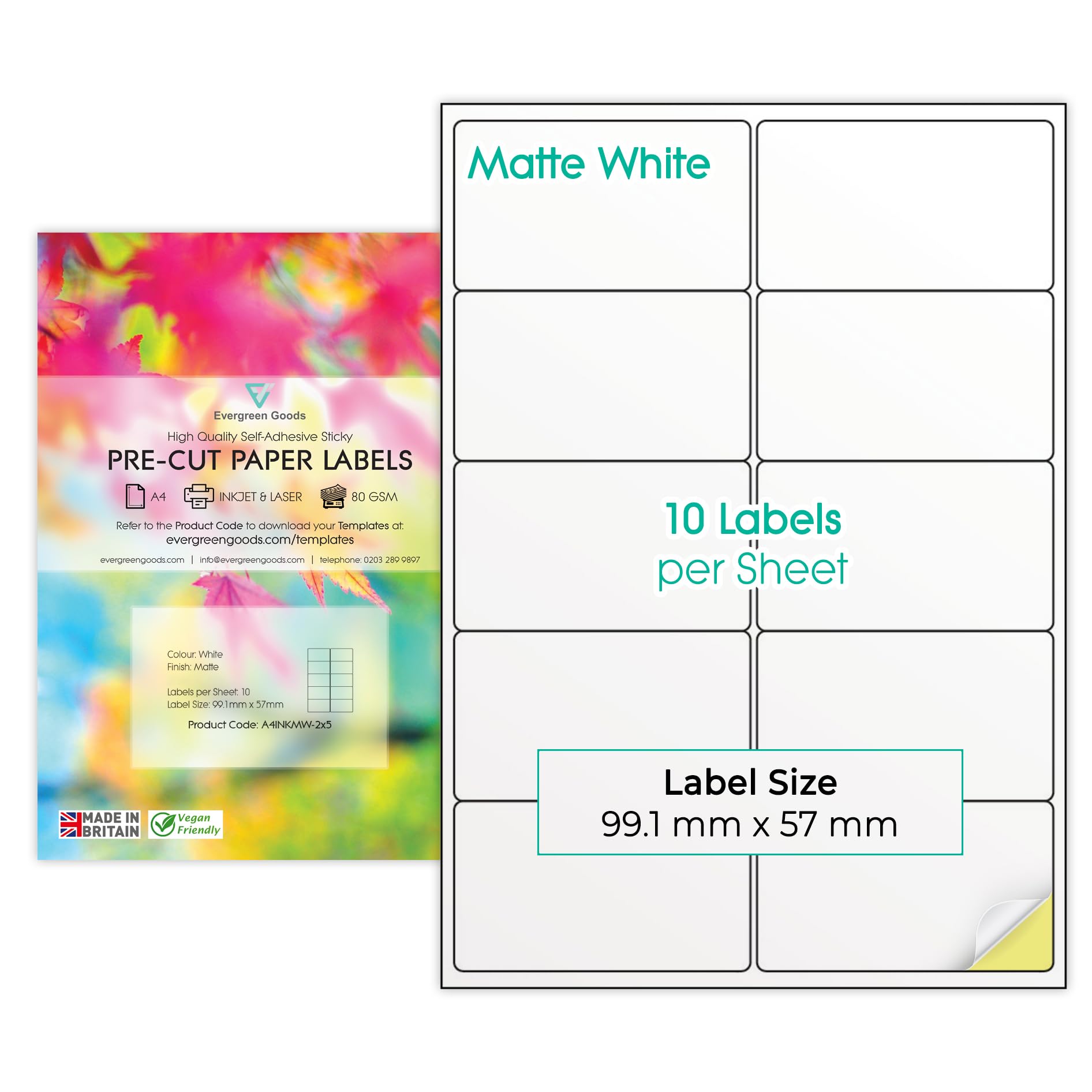 Evergreen Goods A4 Precut Multi Sticker Labels Matte White | 300 Labels in Total - 2x5, 10 per Sheet, 30 Sheets | Inkjet & Laser Printable | Sticky-Back Self Adhesive Multi-Purpose Printing Paper