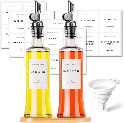 Botella dispensadora de aceite de oliva con bandeja de bambú, dispensador de aceite y vinagre de GIXSEGIE con boquilla de vertido de metal,