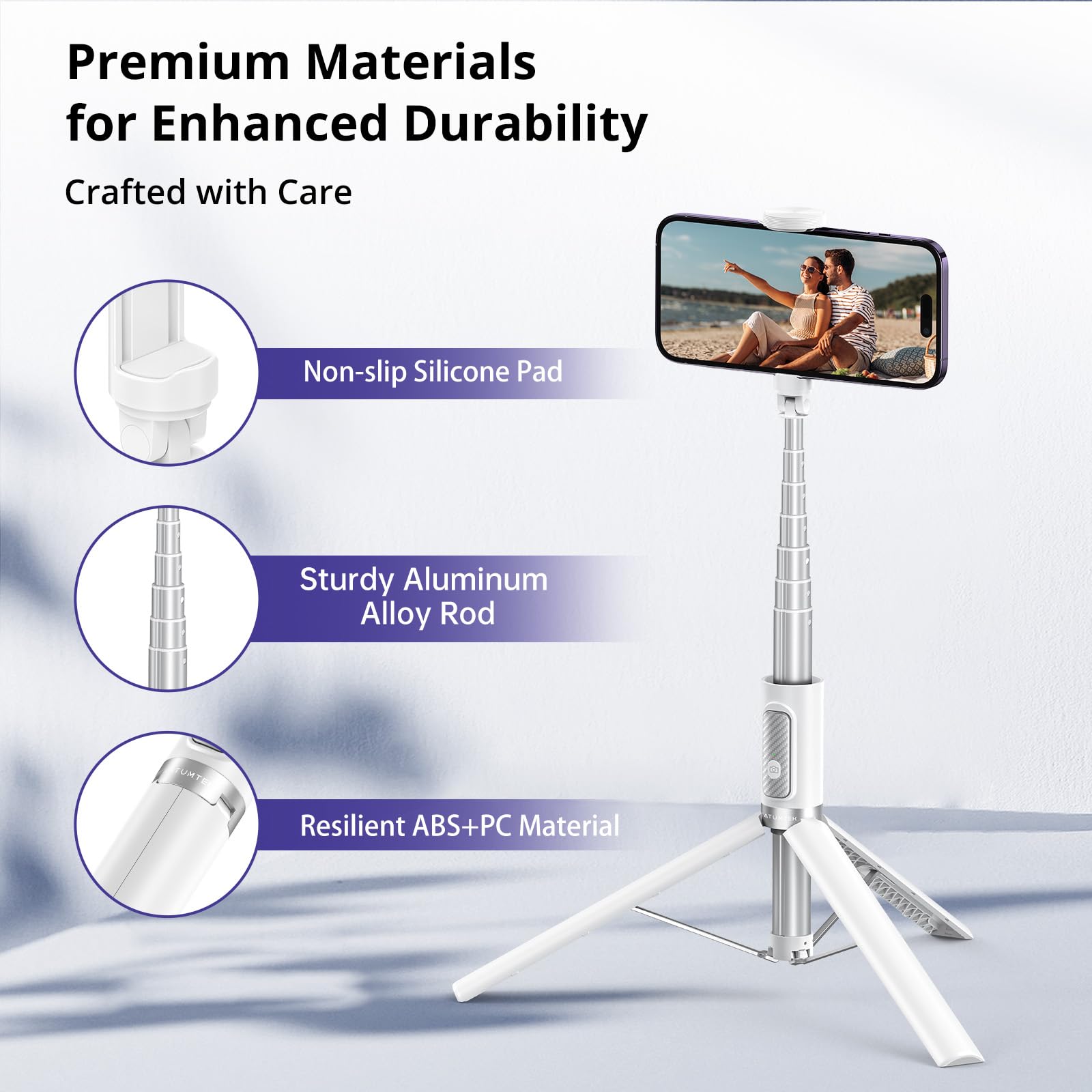 ATUMTEK Kijek do selfie, statyw 174 cm, kijek do selfie z pilotem zdalnego sterowania Bluetooth, kompatybilny ze smartfonami iPhone i Android, idealny do podróży, vlogów, filmów i zdjęć, biały