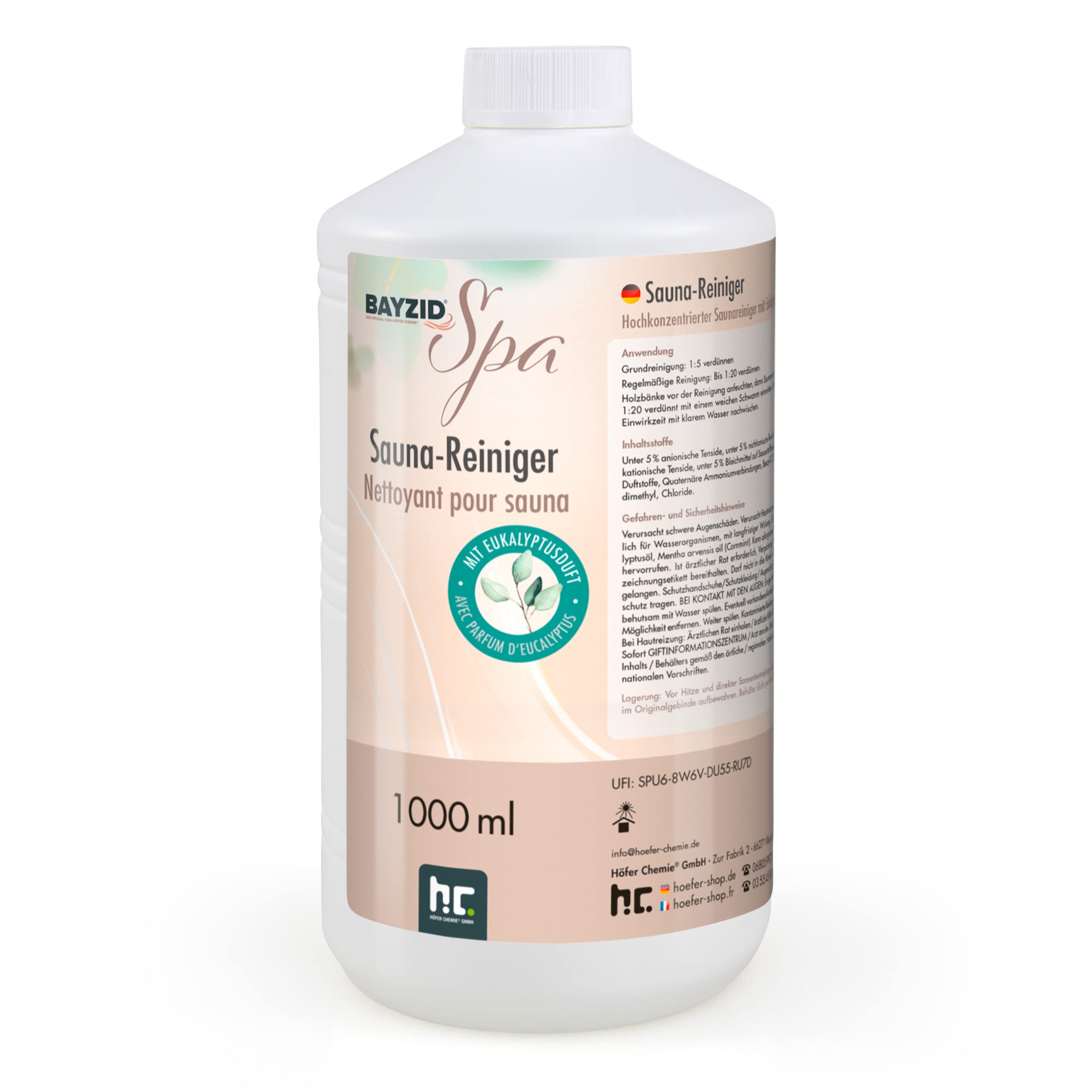 1 L Bayzid SPA Nettoyant pour Sauna concentré parfum eucalyptus, pour le nettoyage du bois du sauna